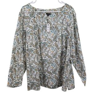 Talbots M Popover Peasant Blouse Lightweight Cotton Paisley Pastel Colorful